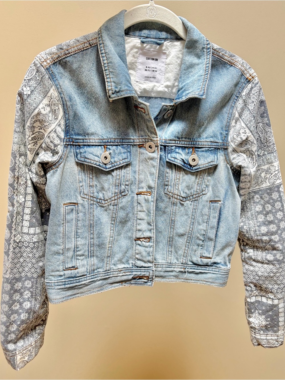 Cotton On Light Blue Denim Jacket with Bandana-Print Sleeves